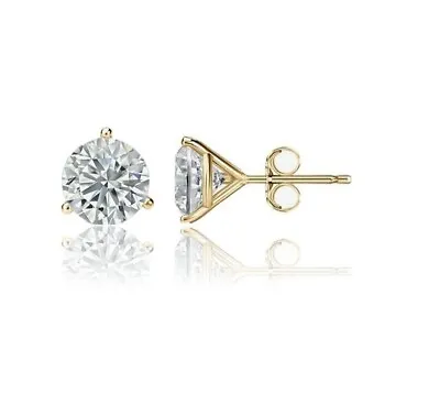 14K Gold Moissanite Martini Pushback Round Cut Solitaire Stud 3 Prong Earrings • $190.99