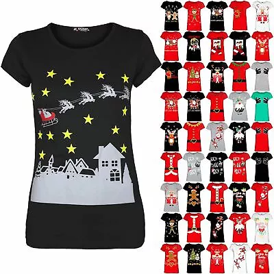 Womens Xmas Top Ladies Christmas Santa Sleigh Reindeers Snowfall Cotton T Shirt • £3.89