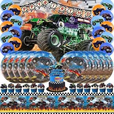 Monster Jam Birthday Party Supplies Set Plates Balloons Cake Toppers Tablecloth • $30.98