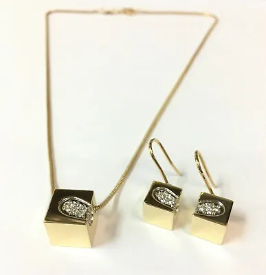 Movado 18k Gold Cube Pendant Necklace/Earrings Matching Set With Diamonds • $2250