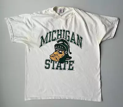Vintage Michigan State Spartans Gruff Sparty Sz Large Shirt White Delta MSU 90s • $24.95