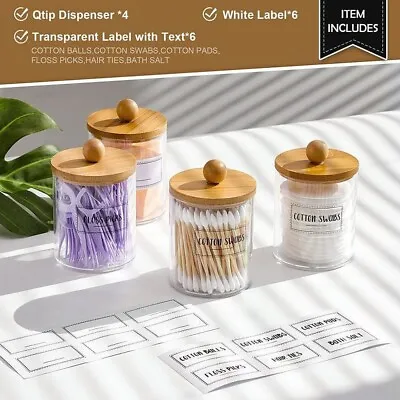  Q Tip Holder Dispenser With Bamboo Lids 4pcs 10 Oz Clear Plastic Apothecary Jar • $19.85