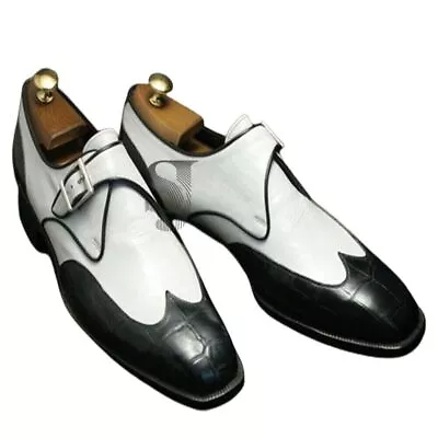 Genuine Handmade Men's Leather Shoes Black & White Monk Single Strap Dress Shoes • $119.99