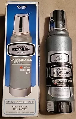 Vintage 1980 Aladdin STANLEY Thermos W/Box Quart USA Unbreakable Steel A-944C • $34.99