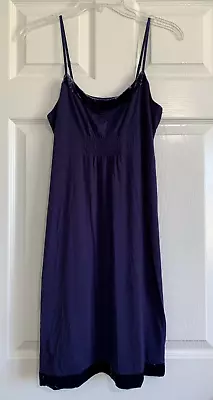 Soma Intimates Midi Nightgown Womens Size M Navy Blue Strappy Sleeve Velvet Trim • $18.50