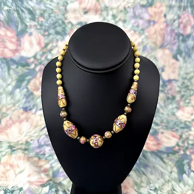 Vintage Venetian Gold Foil Wedding Cake Murano Bead 16  Necklace Yellow Jewelry • $79.16