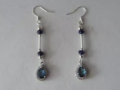 Elegant Earrings With Tanzanite & Saphire And White Cz .4 Cm. Long + Hooks • $23.17