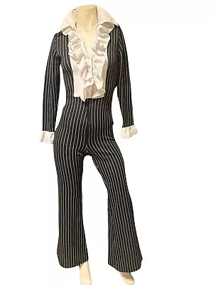 Vintage 70s Frederick’s Of Hollywood Flared Leg Jumpsuit Black Pinstripes Ruffle • $118