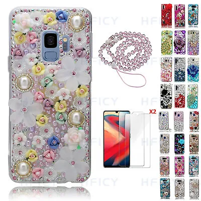 Women Bling Diamonds Purple Pearls Flowers Back Phone Case With Crystals Lanyard • $19.98