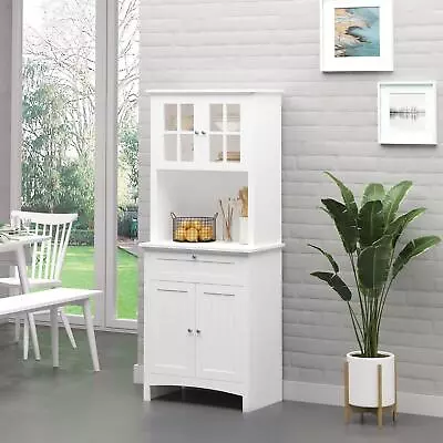 White Kitchen Buffet Storage Cupboard With Framed Glass Door And Microwave Space • $259.77