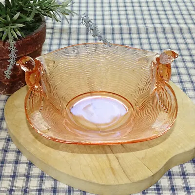 Vintage 1940s Fenton Pink Bird’s Nest Depression Glass Bowl Flying Bird Handles • $35