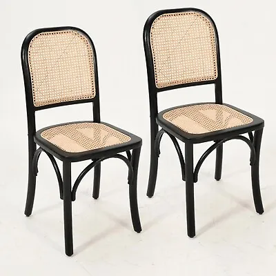 Bistro Dining Chairs 2x Black Solid Acacia Wood Legs Beige Natural Wicker Cane • £279.95