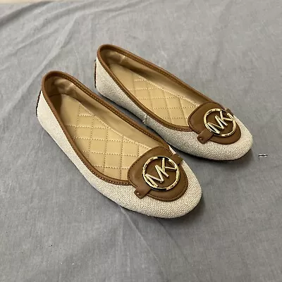 Michael Kors Beige Canvas Brown Leather Slip On Round Toe Ballet Flat Size 7 FS • $35