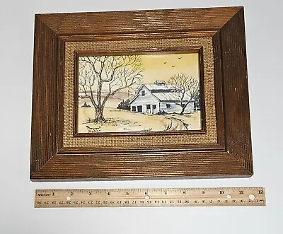 Vintage Folk Art Watercolor Painting Framed Signed Landscape Barn Country MCM • $14.95