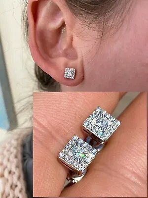 Mens Ladies Real Solid Sterling Silver Iced CZ Square Cut Hip Hop Earrings 925 • $21.49