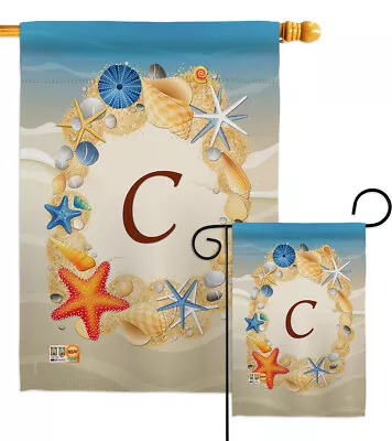 Summer C Initial Beach Monogram Seashell Wreath Garden House Yard Flag • $78.95