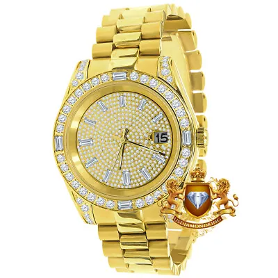 18K Yellow Gold Tone Solid Steel Baguette Simulated Diamond President Watch 40mm • £240.93