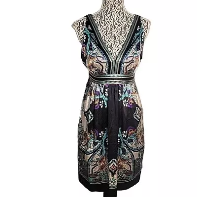 ECI NEW YORK Silk Paisley V Neck Dress Waist Tie Ruching Waist Sz 10 Spring Sexy • $32.30