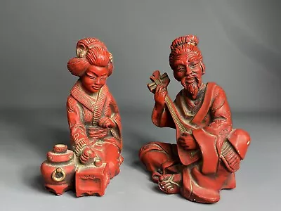 Mid Century Universal Statuary Corp Red Oriental Asian Sculptures Figurines 1962 • $34