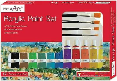 £5.94 • Buy 17 Pcs Art Artists Acrylic Paint Set 12 Tubes 4 Brushes And FREE PALLET!