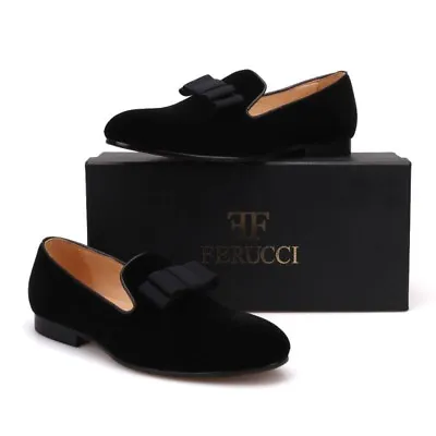 Men FERUCCI Black Velvet Slippers Loafers Flat With Black Bow Wedding Prom Shoes • $169.99