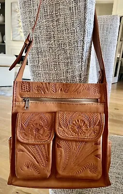 Vintage Hand Tooled Embossed Brown Tan Leather Shoulder Bag Purse Paraguay  • $50