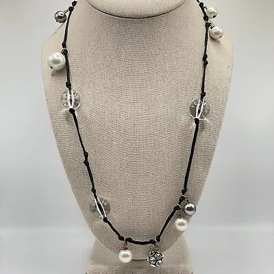 $14.98 • Buy J Crew Station Necklace Faux Pearl Rhinestone Black Cord Jewelry 30  Signed