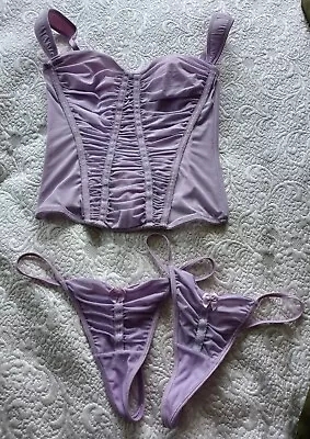 Lovely Lilac Rushed Basque With 2 Matching Thongs Size M • £12