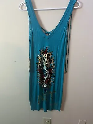 Womens NEW NWT Ed Hardy Sleeveless Blue Gold Art Spell Out Stretch Dress Sz L • $34.99