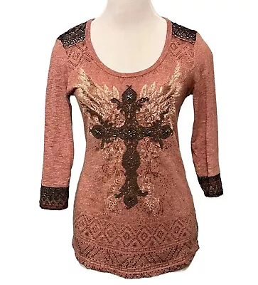 Miss Me Beaded Rhinestone Embellished Cross Top - Size Med • $11.99