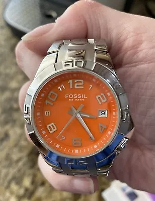 Fossil Men's Orange & Stainless Watch AM-4129 Round Dial W/ Date • $40