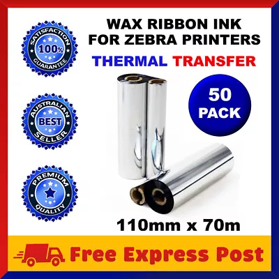 $339.95 • Buy 50 Rolls Wax Resin Ink Ribbons 110mm X 70m Thermal Transfer Zebra Printer Labels