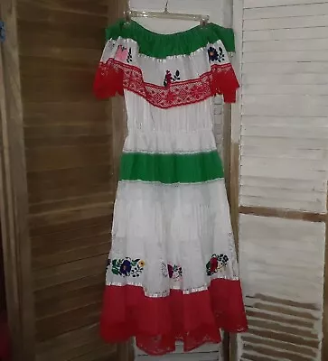 Handmade Mexican Dance Dress Lace Ribbon Embroidered Floral Red White And Green • $89.93