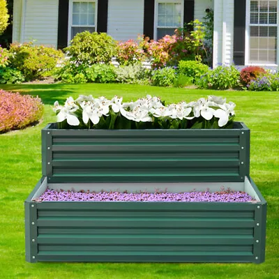 2 Tier Raised Garden Bed Steel Frame Outdoor Planter Kit For Flower Vegetables • £42.95