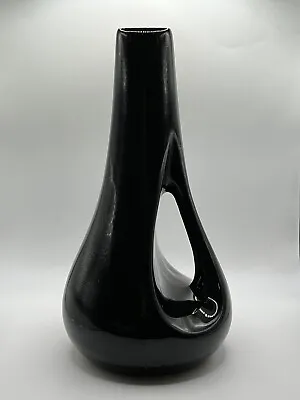 Vintage Ceramic Mid Century Modern Glossy BLACK Handle Vase MCM 9.5” Tall • $20
