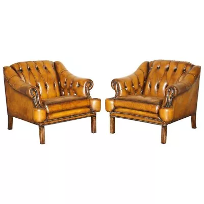 Restored Pair Of Vintage Chesterfield Regency Style Brown Leather Club Armchairs • $6316.25