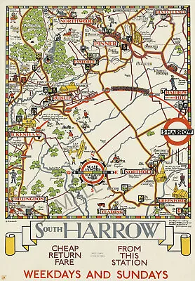 Vintage Poster London Underground Rail Line Map South Harrow ART PRINT A4 A3  • £5.99