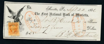 $3 • Buy Illustrated First National Bank Of Marietta PA 1866 Check R6 Revenue Stamp Paid
