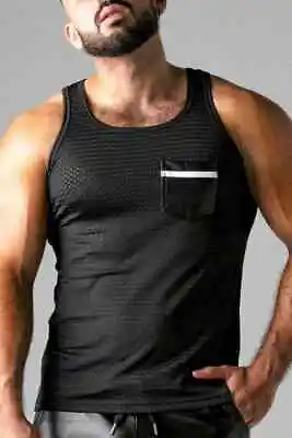 Locker Gear Sporty Breathable Mesh Tank Top Slim Fit Vest With Leathertte Pocket • £30.50