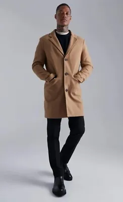 BOOHOO MAN Single Breasted Polyester Overcoat Size XS Beige Tan Camel Pea Coat • $44.99