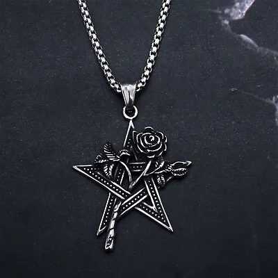 Men's Women's Gothic Punk Star Pentagram Rose Stainless Steel Pendant Necklace • $10.99