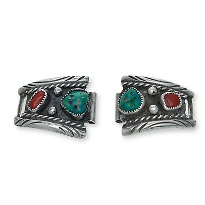 Vintage Navajo Sterling Silver 925 Turquoise Coral Watch Band End Tips • $100
