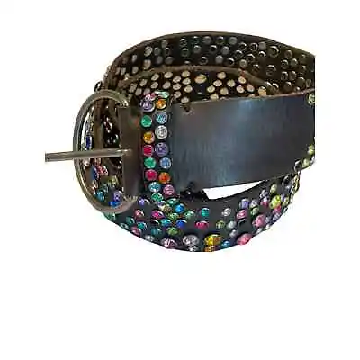Vintage Leather Rainbow Mixed Jewel Studded Black Heavy Weight Quality Belt SZ S • $129