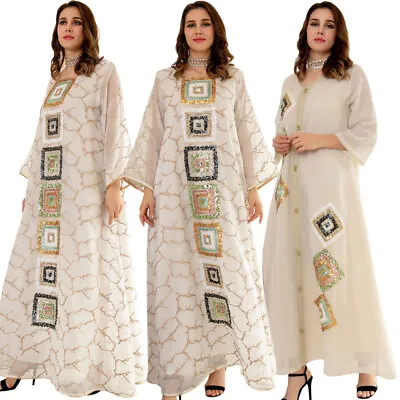 Moroccan Sequins Embroidery Women Muslim Abaya Dubai Islam Arab Gown Party Robe • $46.61