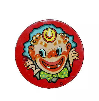 T Cohn Inc ~ Clown Tin Litho Round Slotted Noise Maker Red Wood Handle ~ 2 • $10.46
