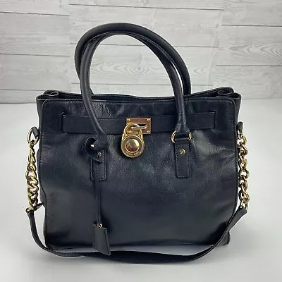 Michael Kors Leather BLACK Large Hamilton Lock & Key Handbag Shoulder • $34.99