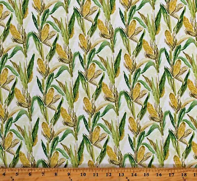 Cotton Sweet Corn Stalks  Ears Harvest White Fabric Print By The Yard D567.07 • $11.95