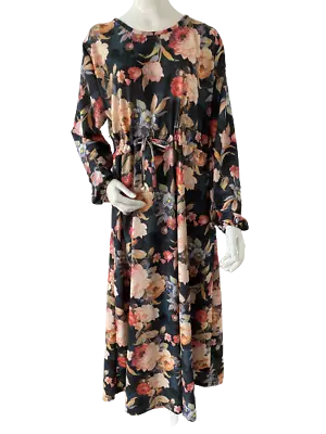 Ladies/Women Long Floral Maxi Dress Abaya Jersey Long Sleeved Black Sizes 52-58 • £18.99