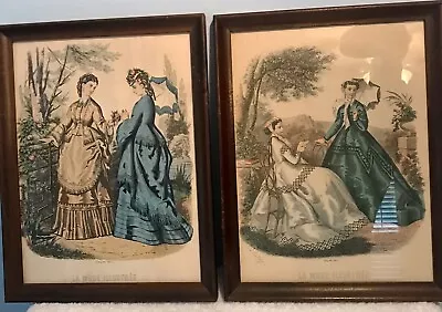 French Fashion Plate Pair (2) La Mode Illustree Paris 1800’s Framed Ads Vintage • $39.99