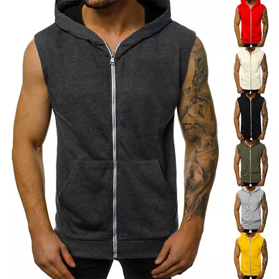 Mens Hoodie Sleeveless T Shirt Gym Fitness Workout Muscle Zipper Slim Tank Top • £11.99